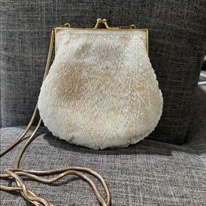 Vintage André Cellini Beaded Evening Bag Ivory Gold Kiss Lock